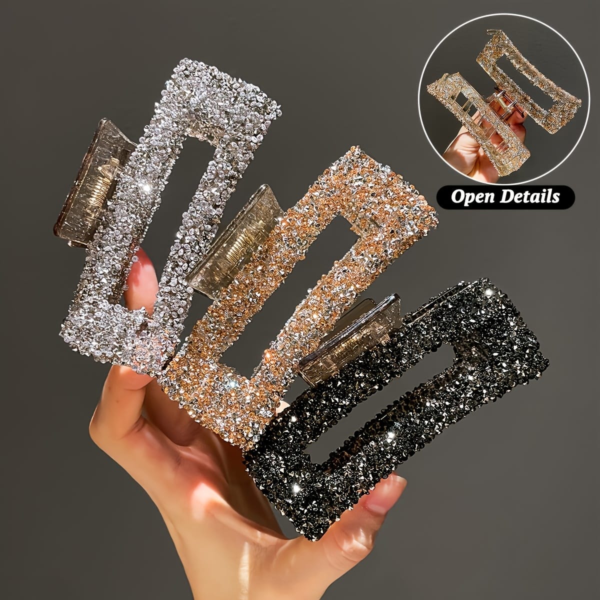 KissICON 3 Colors Packs Sparkling Rhinestone Square Hair Clips Trendy Office Chic Set