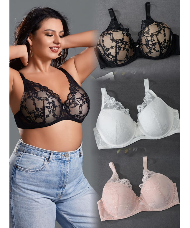 KissICON 3-pack Curve Elegant Lace Bralettes Underwire Polyamide