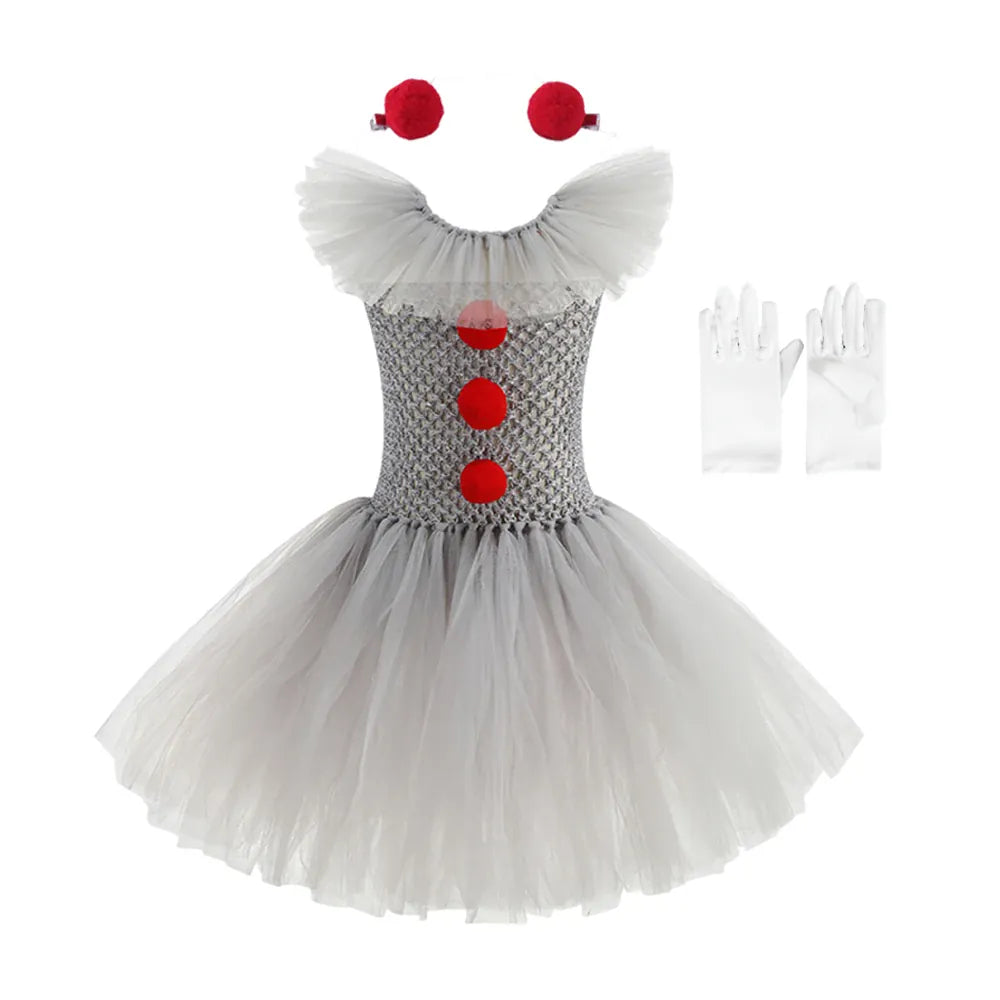 KissICON 3 PCS A / 6-7T(L) Halloween Costume Girls Gray Tutu Scary Vestidos Joker Dress Kids Cosplay Clown Costume Carnival Party Dress Up