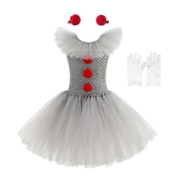 KissICON 3 PCS A / 6-7T(L) Halloween Costume Girls Gray Tutu Scary Vestidos Joker Dress Kids Cosplay Clown Costume Carnival Party Dress Up
