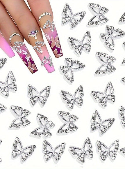 KissICON 300pcs Silvery 💋 Butterfly Nail Charms 3D Gems - Shimmering