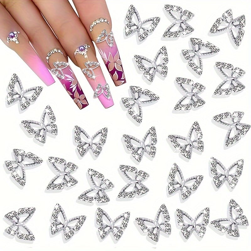 KissICON 300pcs Silvery 💋 Butterfly Nail Charms 3D Gems - Shimmering