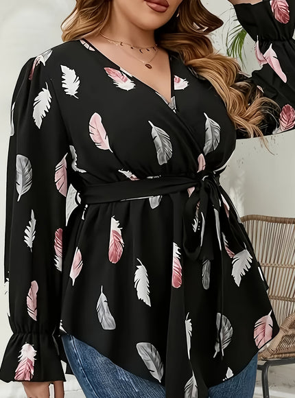 Plus Size Women's Elegant Criss Cross Neck Top - Floral Random Printing, Smooth Polyester Slight Stretch Woven Fabric (110g/m²) - All Season | Tie Front Design | Hand Wash or Dry Clean