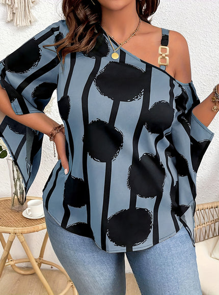 Plus Size 3/4 Sleeve Elegant Cold Shoulder Chain Graphic Print Blouse for Spring & Fall, Women's Clothing