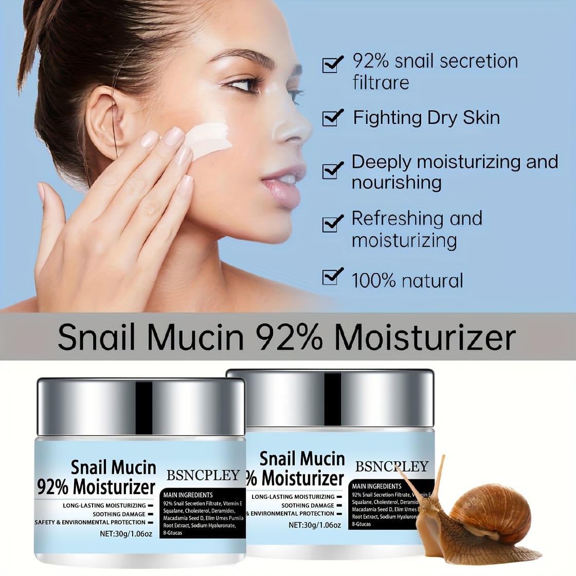 KissICON 30g Bsncpley Hydrating Snail Mucin Cream Plant Squalane