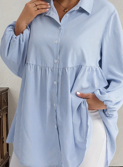 Plus Size, Women's Plus Size Oversized White & Green Horizontal Striped Button- Shirt Jacket-like Blouse - Short Sleeve-like Collar, Wrinkle-Resistant (Machine Washable) H-Line Fit for Year-Round Casual & Dressy Wear (No)