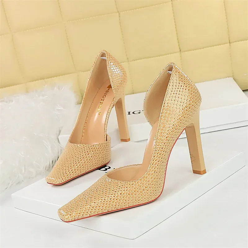 KissICON 3275-5 Apricot / 35 / CHINA Woman Vintage Snake Print Pumps Square Toe Patent