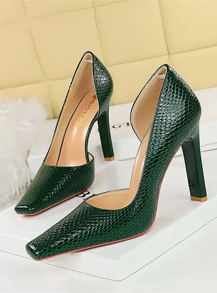 KissICON 3275-5 Green / 34 / CHINA Woman Vintage Snake Print Pumps Square Toe Patent