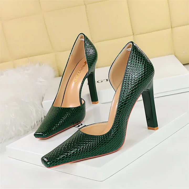 Woman Vintage Snake Print Pumps Square Toe Patent