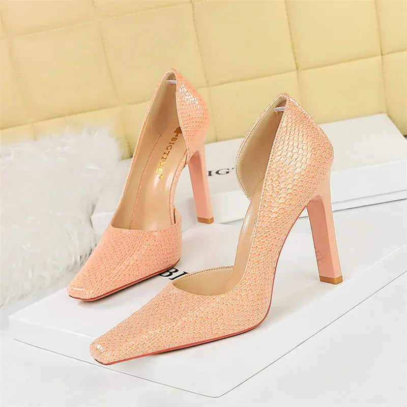 KissICON 3275-5 Pink / 39 / CHINA Woman Vintage Snake Print Pumps Square Toe Patent