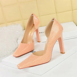 KissICON 3275-5 Pink / 39 / CHINA Woman Vintage Snake Print Pumps Square Toe Patent