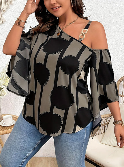 Plus Size 3/4 Sleeve Elegant Cold Shoulder Chain Graphic Print Blouse for Spring & Fall, Women's Clothing