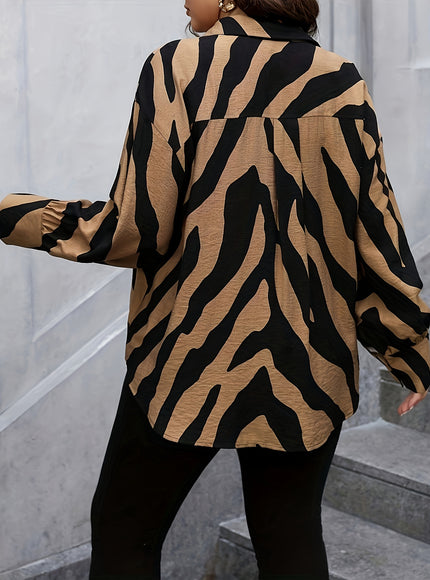 Plus Size, Plus Size Women's Elegant Loose-Fit Long Sleeve Shirt with Drop Shoulder & Random Print - Machine Washable Non-See-Through Top for All Seasons, Ladies Long Sleeve Tops, Relaxed Fit Clothing, Casual Wear, Smooth Tex
