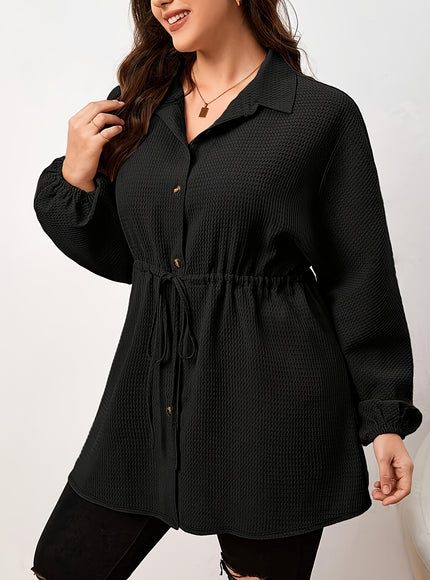 Plus Size - Plus Size, Women'S Elegant Long Sleeve Blouse - Button-Front Shirt with Drawstring Waist, Non-See-Through Fabric for Fall/Winter, Office, Party, Everyday Outfits - Women'S Formal & Casual Tops, Winter Wardrobe, Cl