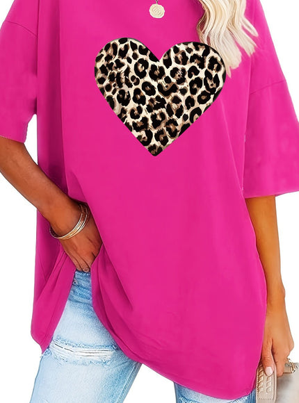 Women's Valentine's Day Leopard Heart Print T-Shirt - Short Sleeve Crew Neck Casual Top, Vibrant Pink, Relaxed Fit, Machine Washable, Plus Size Friendly, All-Season Comfort, Valentine's Day T-shirts, Trendy Casualwear, Durabl