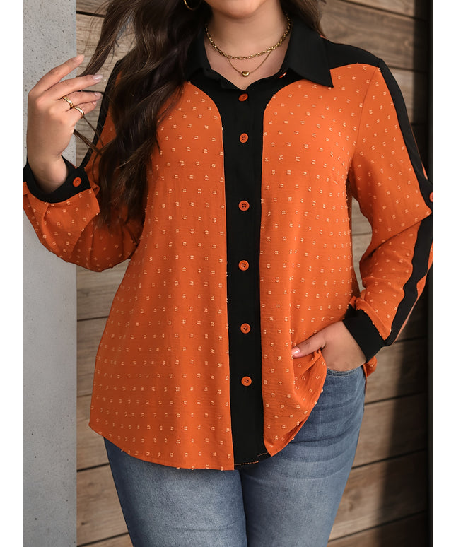 Plus Size, Women's Plus Size Casual Button-Front Blouse - Non-See-Through Office & Everyday Shirt in Orange/Black Color Block, Machine Washable Button-Up Top for Spring/Fall/Summer Outfits, Spring Fashion, Relaxed Fit, Comfor