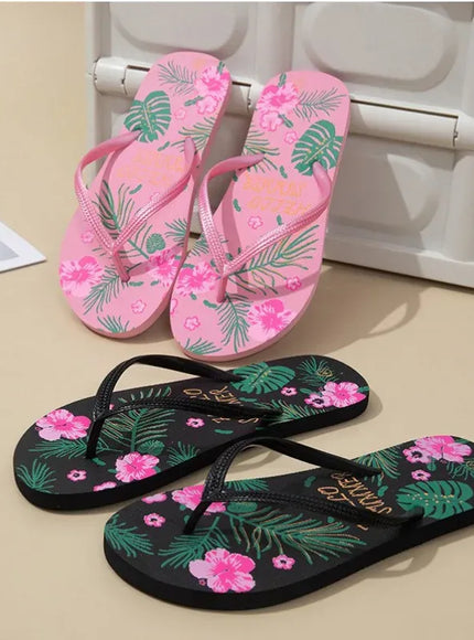 KissICON 37 / black Lovely Flip Flop Tropical Leaves Hibiscus Leisure Beach
