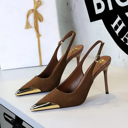 KissICON 373-32 Brown / 40 / CHINA European American Style Metal Pointed High Heels Slim