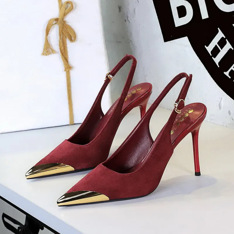 KissICON 373-32 Wine Red / 40 / CHINA European American Style Metal Pointed High Heels Slim