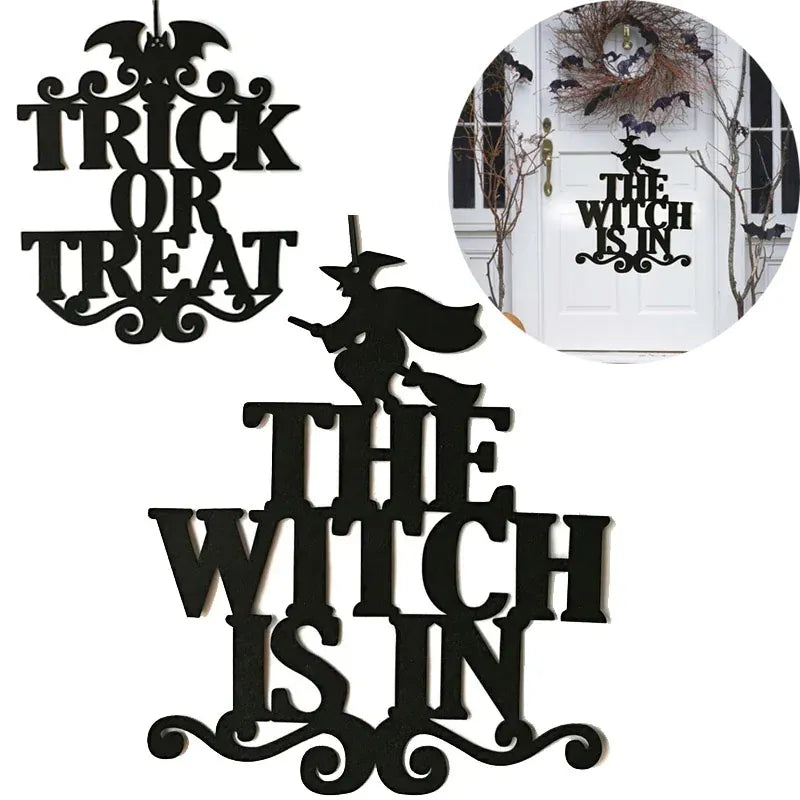 KissICON 38x32cm Halloween Door Decoration The Witch Is In Halloween Hanging Sign Door Hanging Ornaments Halloween Party Decoration for Home