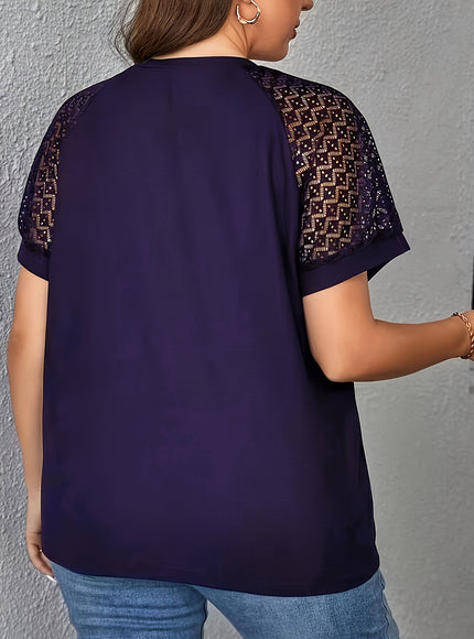 Purple Short Sleeve Elegant V-Neck Women's Plus Size T-Shirt - Contrast Lace Detail, Polyester Knit Fabric, 180gsm - Casual Top for Spring/Summer with Black Text "HANDMADE
