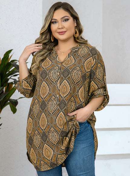 Plus Size - Women'S Plus Size Tropical Print V-Neck Blouse - Elegant Loose Fit Long Shirt with Adjustable Three-Quarter Sleeves, Half Placket & Button Front, Comfortable Casual Top for Casual Attire, Casual Attire Blouse | Vn