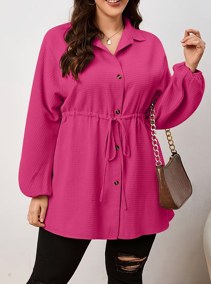 Plus Size - Plus Size, Women'S Elegant Long Sleeve Blouse - Button-Front Shirt with Drawstring Waist, Non-See-Through Fabric for Fall/Winter, Office, Party, Everyday Outfits - Women'S Formal & Casual Tops, Winter Wardrobe, Cl