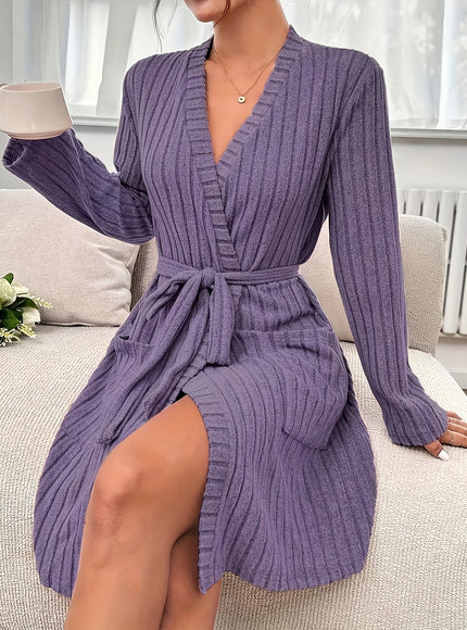 Elegant V-Neck Solid Color Belted Ribbed Plus Size