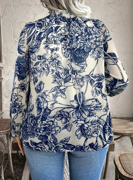 Plus Size, Women's Elegant Blouse - Long Sleeve Button-front top, Navy & White Floral pattern, Non-Stretchy Fabric for Formal & Casual Outfits - All-Season Women's Clothing