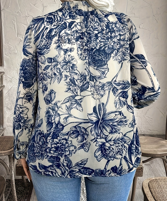 Plus Size, Women's Elegant Blouse - Long Sleeve Button-front top, Navy & White Floral pattern, Non-Stretchy Fabric for Formal & Casual Outfits - All-Season Women's Clothing