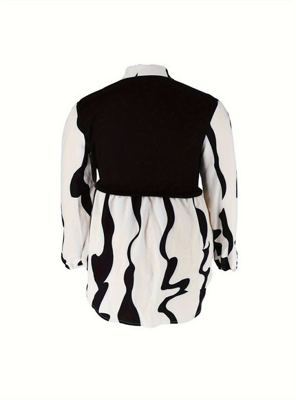 Stylish Plus Size Abstract Striped Blouse - Women's Casual Long Sleeve Button Down Shirt for Spring - Soft, Breathable, Comfortable, and Elegant Clothing for Curvy Women