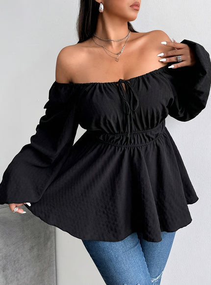 Plus Size - Plus Size - Plus Size - Women'S Plus Size Navy Blue Blouse with Front Drawstring & Ruffled Sleeves - Casual Keyhole Neckline, Long Sleeve, Non-Stretch Fabric, Perfect for Casual Attire, Casual Wear Blouse | Ruffle