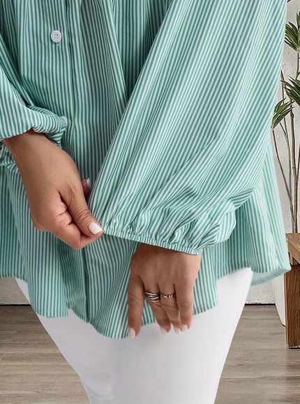Plus Size, Women's Plus Size Oversized White & Green Horizontal Striped Button- Shirt Jacket-like Blouse - Short Sleeve-like Collar, Wrinkle-Resistant (Machine Washable) H-Line Fit for Year-Round Casual & Dressy Wear (No)