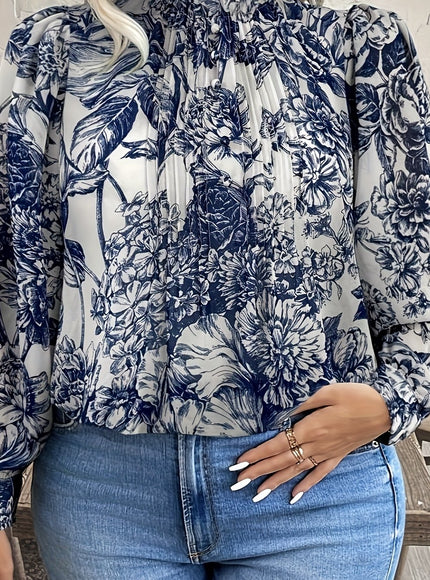 Plus Size, Women's Elegant Blouse - Long Sleeve Button-front top, Navy & White Floral pattern, Non-Stretchy Fabric for Formal & Casual Outfits - All-Season Women's Clothing
