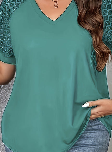 Purple Short Sleeve Elegant V-Neck Women's Plus Size T-Shirt - Contrast Lace Detail, Polyester Knit Fabric, 180gsm - Casual Top for Spring/Summer with Black Text "HANDMADE