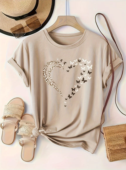 Plus Size Heart Print T-Shirt, Casual Crew Neck Short Sleeve T-Shirt, Women's Plus Size Clothing