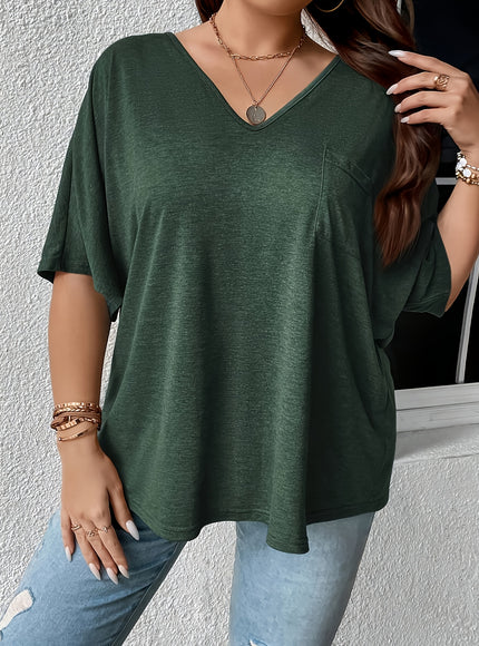 Plus Size, Plus Size Women's 2pcs Set Deep V Neck Solid Color Pocket Patch T-Shirt