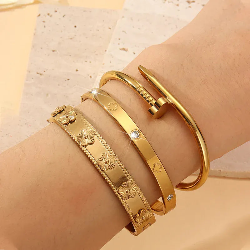 KissICON 3pc / 58-60mm 3pcs/1pc Fashion 18K Gold Plated Stainless Steel Nail Bracelet for Women Luxury Cubic Zirconia Bangle Daily Wear Jewelry