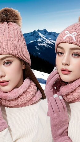 jkthpu-45 3Pc Womens Cozy Winter Hat Scarf Gloves Set