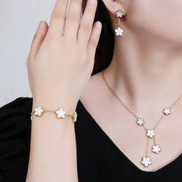 KissICON 3Pcs 18k Gold-Plated Five-Leaf Flower Necklace Earrings Bracelet Jewelry Set For Woman Fashion Party Jewelry Daily Wear Clover