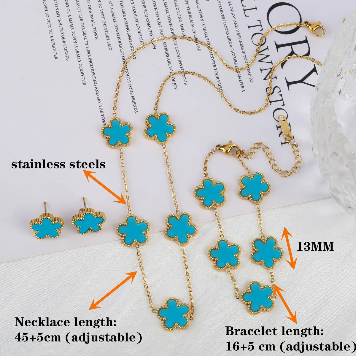KissICON 3Pcs 18k Gold-Plated Five-Leaf Flower Necklace Earrings Bracelet Jewelry Set For Woman Fashion Party Jewelry Daily Wear Clover
