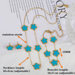 KissICON 3Pcs 18k Gold-Plated Five-Leaf Flower Necklace Earrings Bracelet Jewelry Set For Woman Fashion Party Jewelry Daily Wear Clover