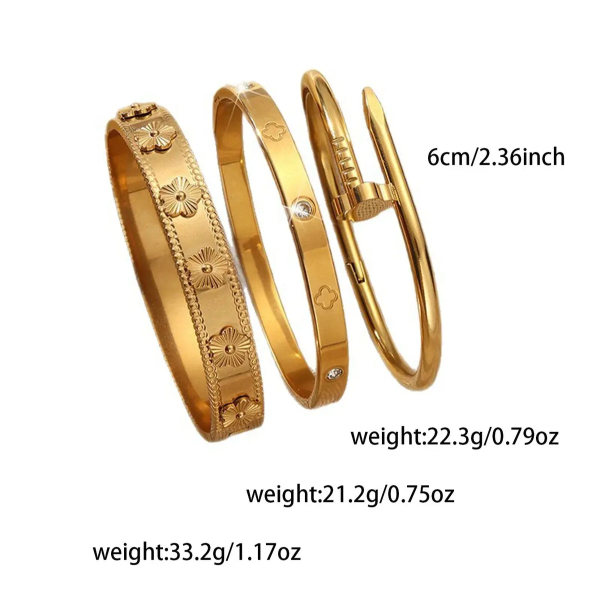 KissICON 3pcs/1pc Fashion 18K Gold Plated Stainless Steel Nail Bracelet for Women Luxury Cubic Zirconia Bangle Daily Wear Jewelry