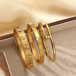 KissICON 3pcs/1pc Fashion 18K Gold Plated Stainless Steel Nail Bracelet for Women Luxury Cubic Zirconia Bangle Daily Wear Jewelry