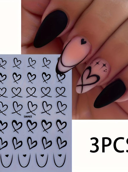 KissICON 3pcs-Black KissIcon 3Pcs Valentines Heart Nail Art Stickers -