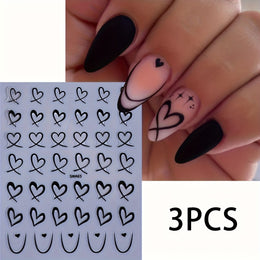 KissICON 3pcs-Black KissIcon 3Pcs Valentines Heart Nail Art Stickers -