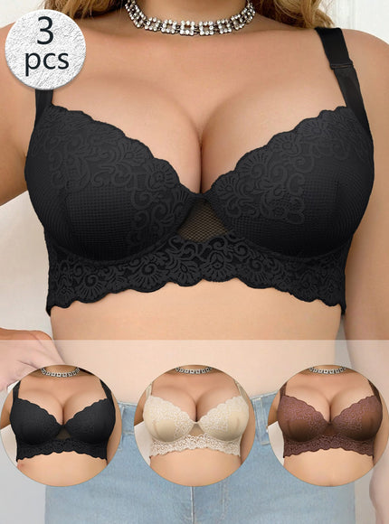 KissICON 3pcs Curve Women's Black Lace Bras –