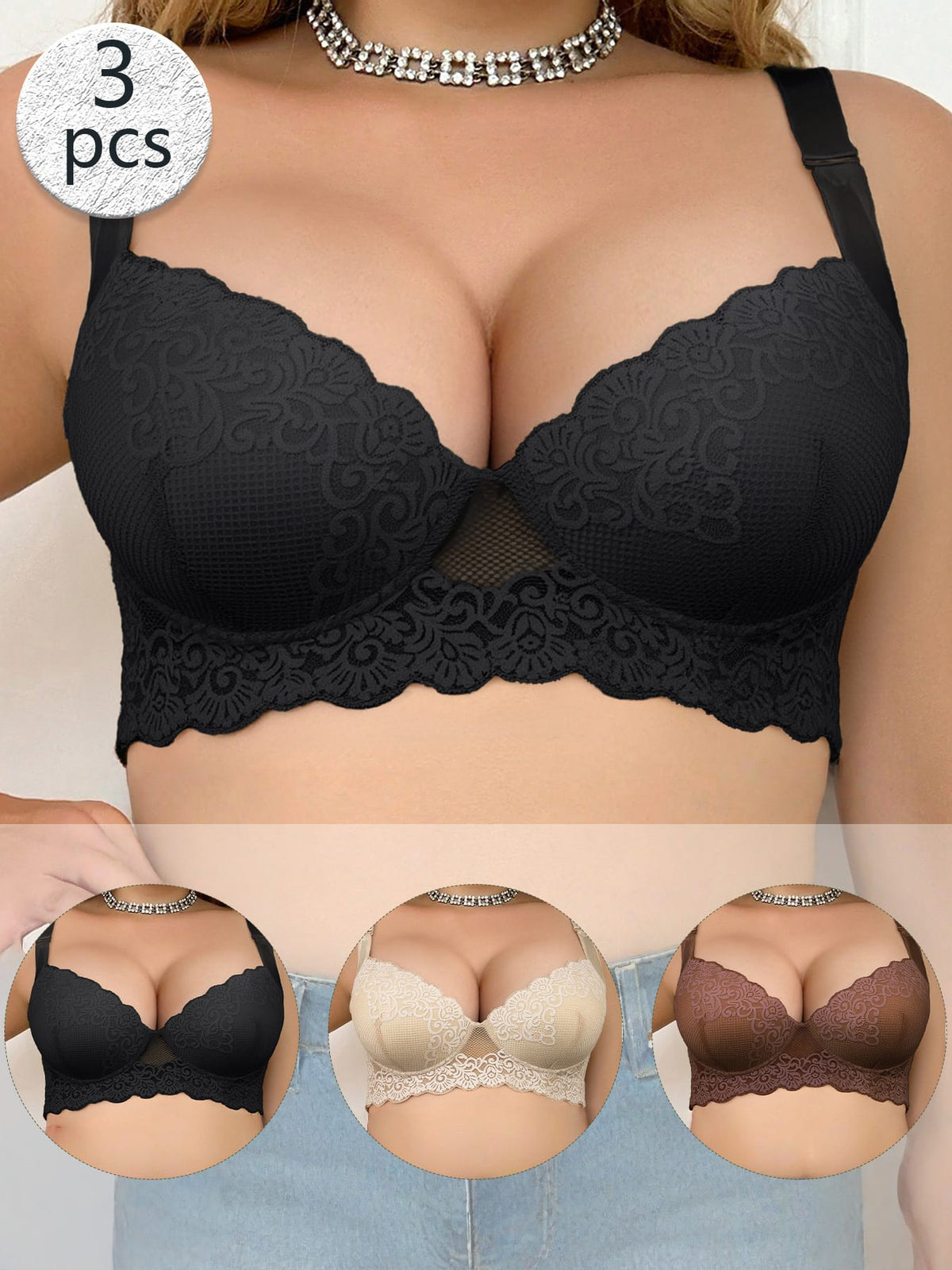 KissICON 3pcs Curve Women's Black Lace Bras –