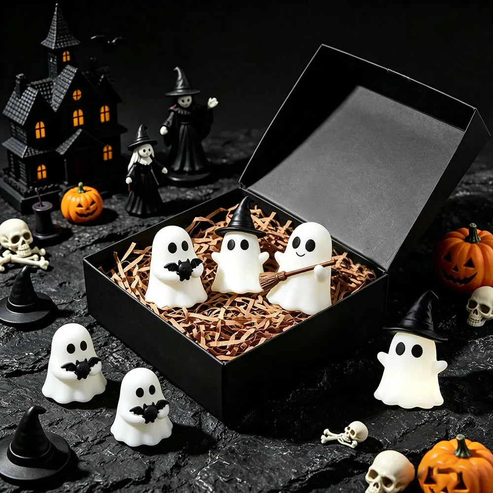 KissICON 3pcs Halloween-themed desktop decoration scene - cute little ghosts, decorative items, mini glowing micro-landscape