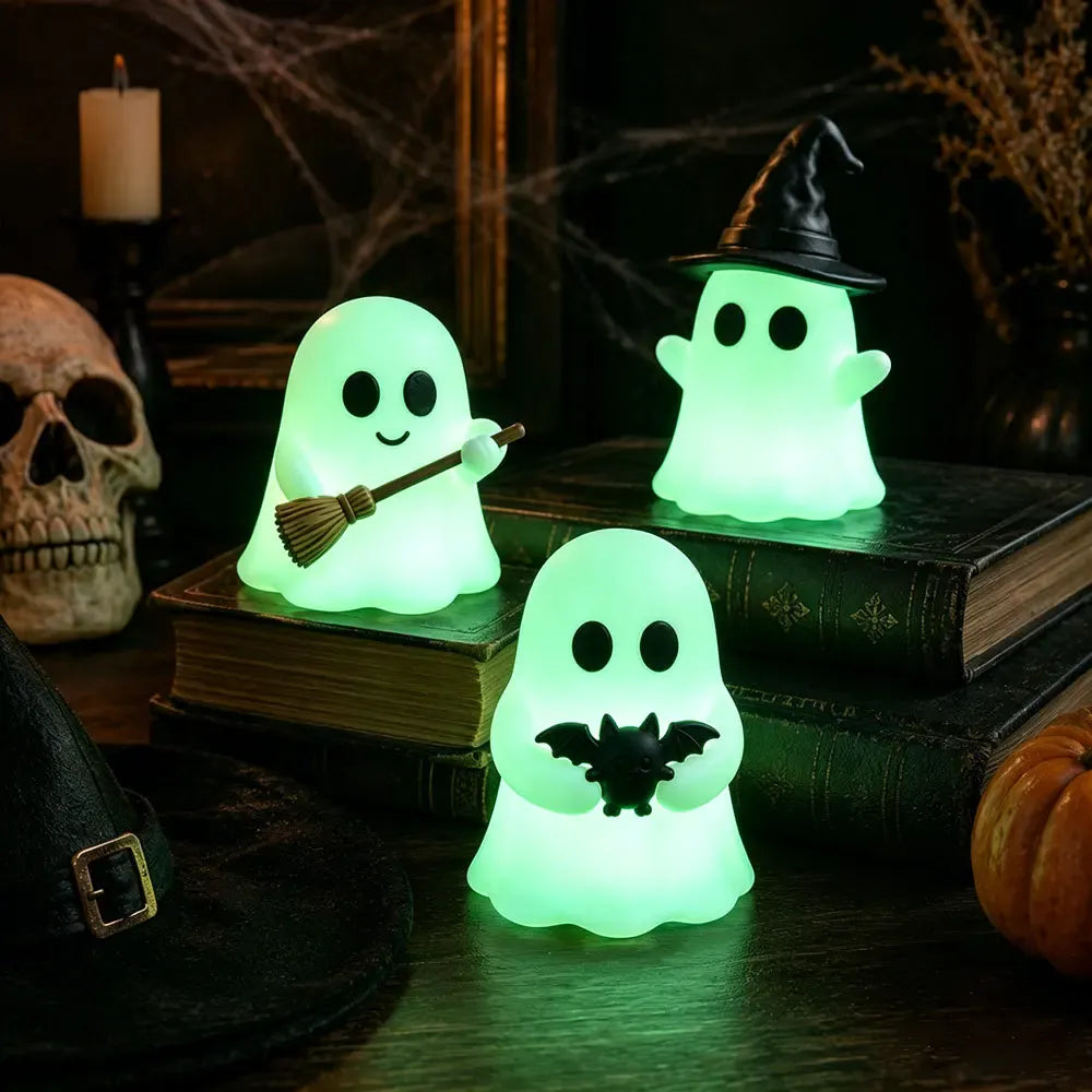KissICON 3pcs Halloween-themed desktop decoration scene - cute little ghosts, decorative items, mini glowing micro-landscape